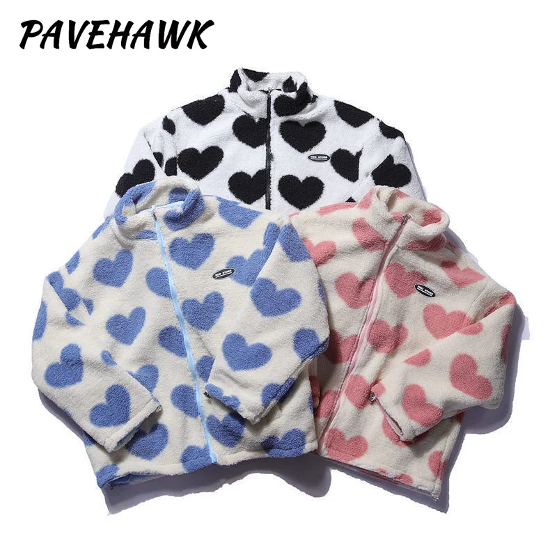 Women Double-sided Lamb Fur Plush Coat Couple Loose Heart Print Love Padded Jackets Casual Zipper Winter Stand up Collar Outwear