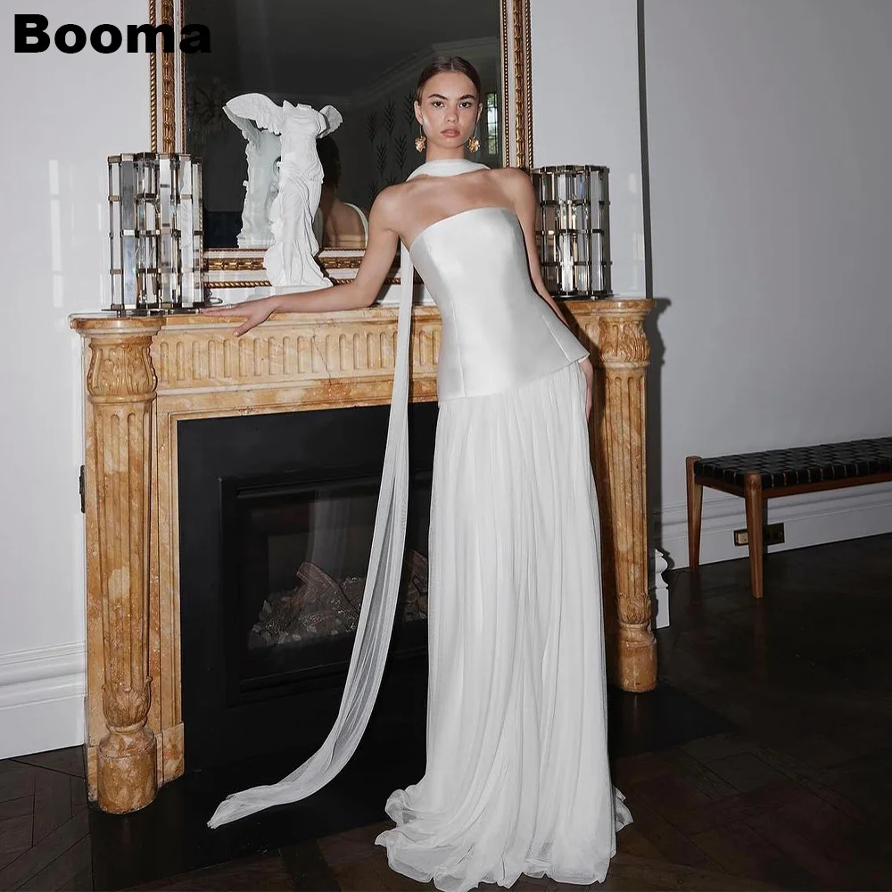 

Booma A-Line Long Wedding Dresses Strapless Satin Chiffon Brides Party Gowns for Women Elegant Bridals Evening Dress Customized