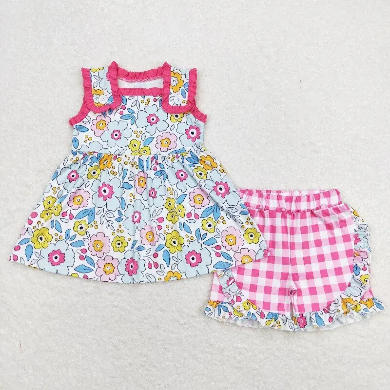 

X12.13 GSSO0711 Baby girl summer floral Wholesale rose red lace beige sleeveless plaid shorts set