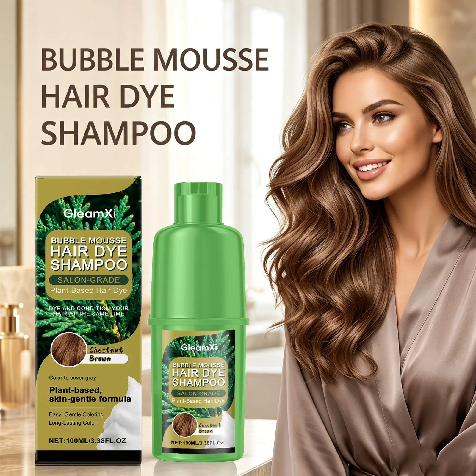 Gleamxi Botanical Mousse Hair Dye Shampoo Plant-Based Gray Coverage Gentle Scalp Care Deep Nourishing Repair Smooth Shiny Color Shampoo