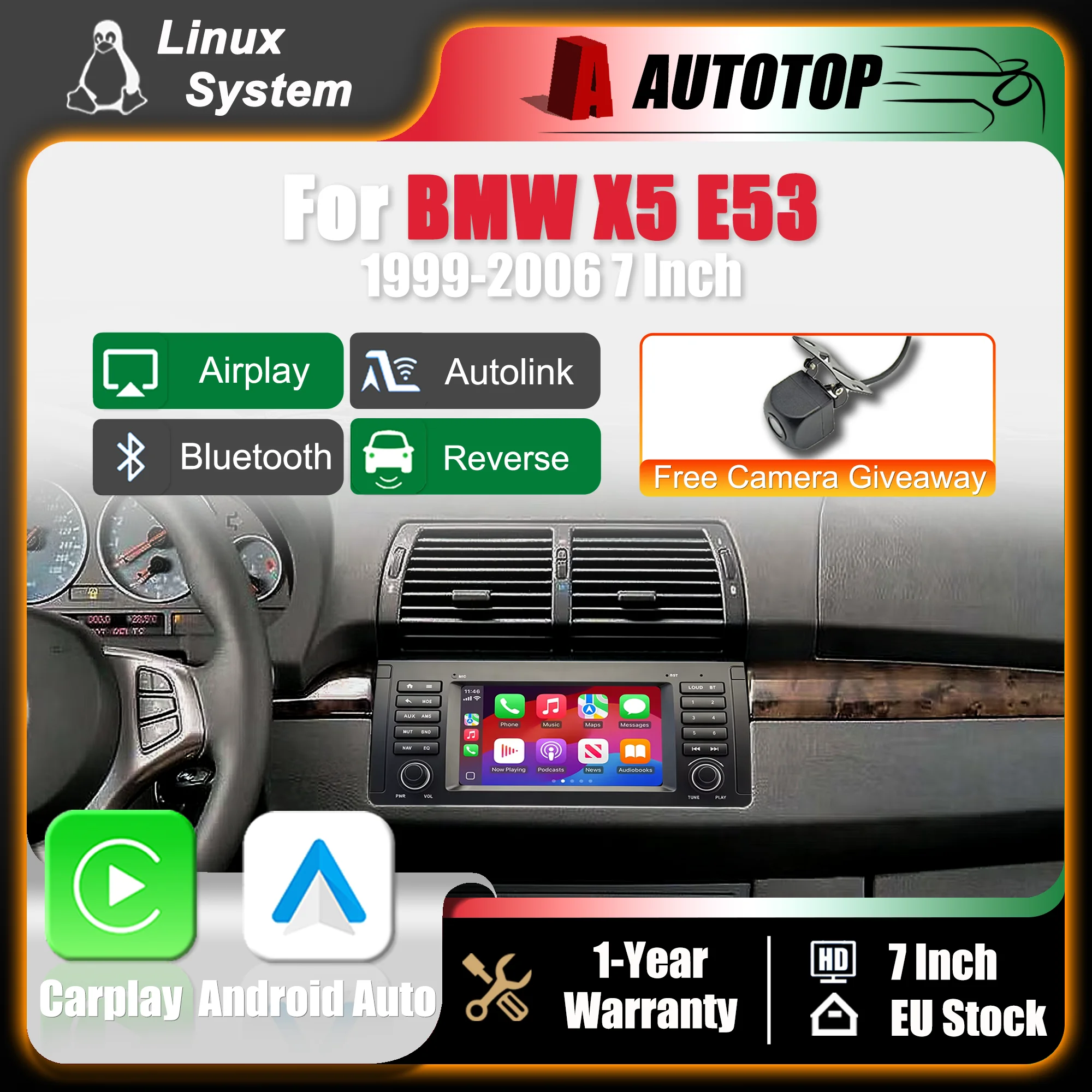 Écran multimédia 7 pouces avec système Linux, CarPlay sans fil, Android Auto pour BMW X5 E53 1999-2006, autoradio Bluetooth, GPS, Navi, DSP, écran tactile, caméra de recul