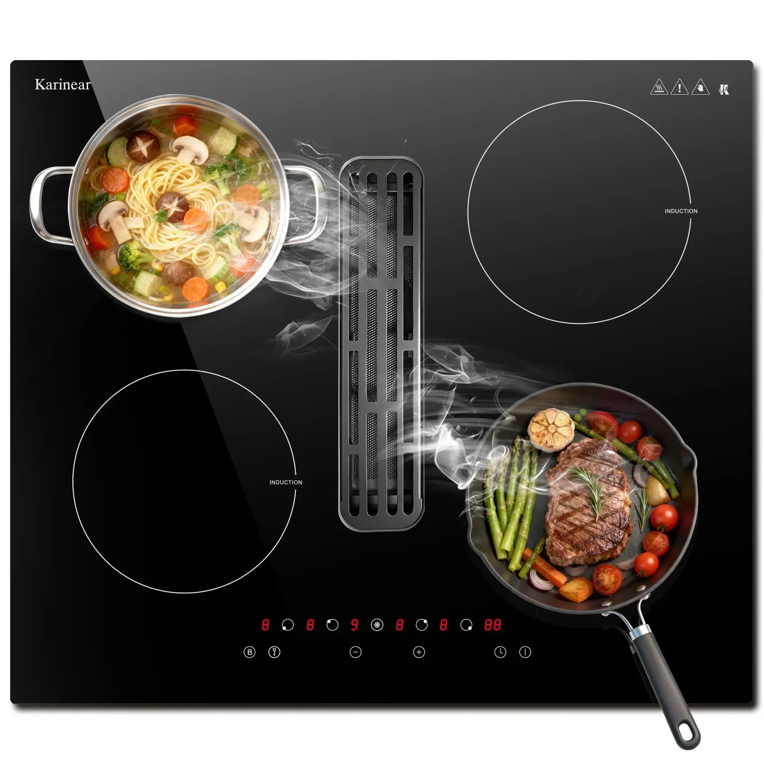 Karinear Einbau-Induktionskochfeld mit Dunstabzugshaube, 6400W, 9 Geschwindigkeiten, 60cm Induktionskochfeld mit Timer, Sicherheitsverriegelung, Boost-Funktion, Dunstabzugsfunktion