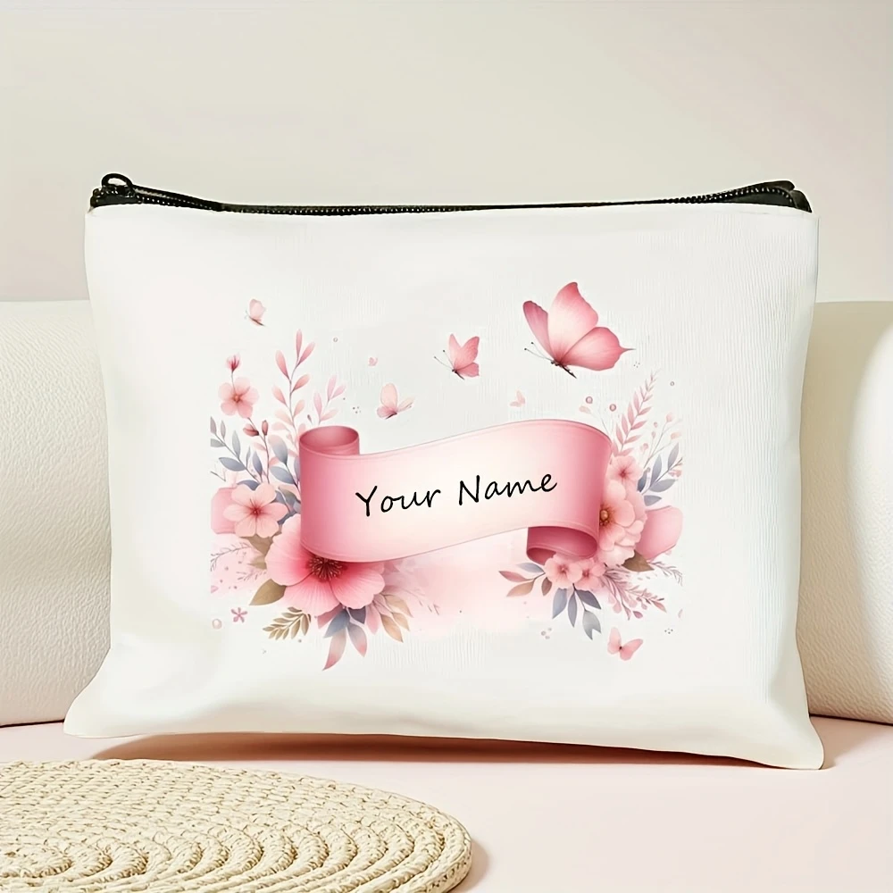 Custom Vintage Pink Bow Floral Multi-use Cosmetic Pouch Gift For Mom Daughter Teacher Graduation Daily Bag