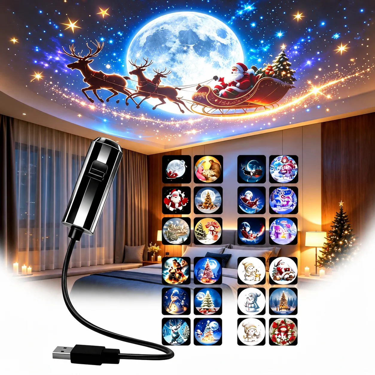 USB LED Christmas Projector Light 4/6/10 Modes Switchable Patterns Projector Atmosphere Light for Festival Party Ceiling Decor