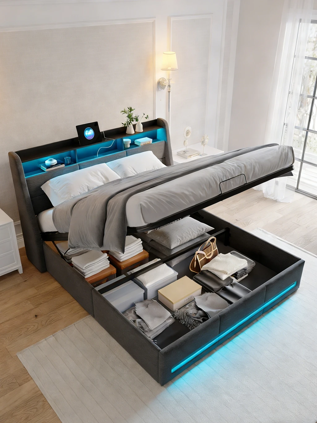 140/160x200 cm Doppelbett mit Kommode und LED, gepolstertes Doppelbett mit USB und hydraulischem Stauraum, Bettgestell mit Stauraum im Kopfteil, 140/160x200 Doppelbett, in Leinen.