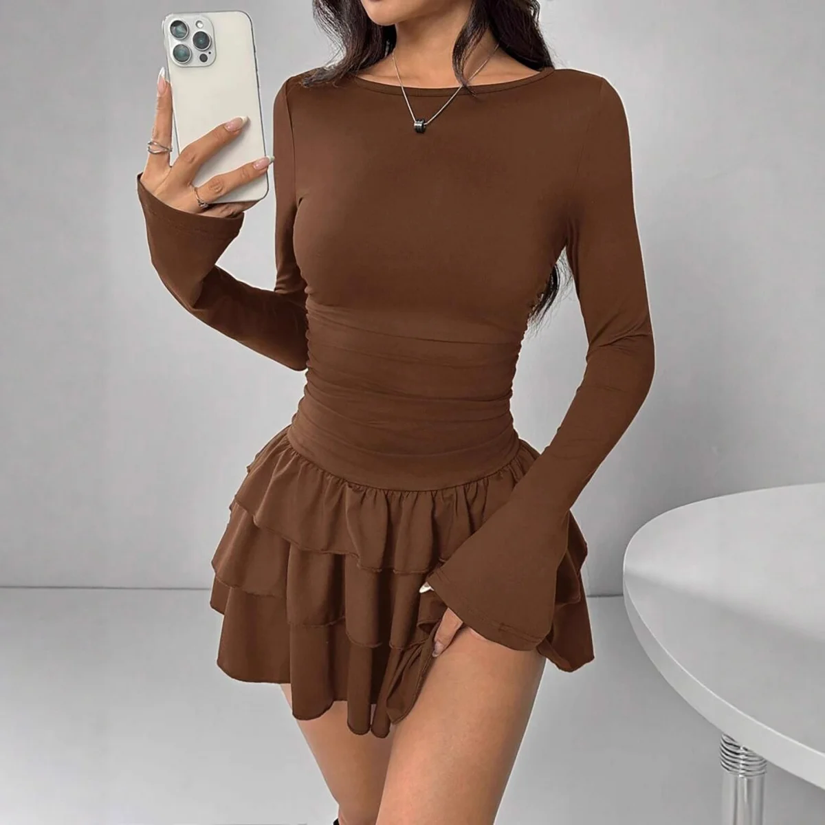 Elegante Damenkleider, sexy, einfarbig, lange Ärmel, hoch tailliert, Pullover, plissiert, figurbetontes Minikleid, Frühlingsparty, Damenbekleidung