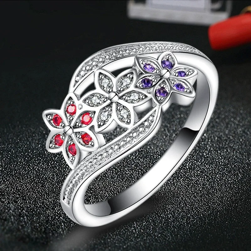 Bague à trois fleurs multi-pierres plaquée argent – Bague élégante vintage