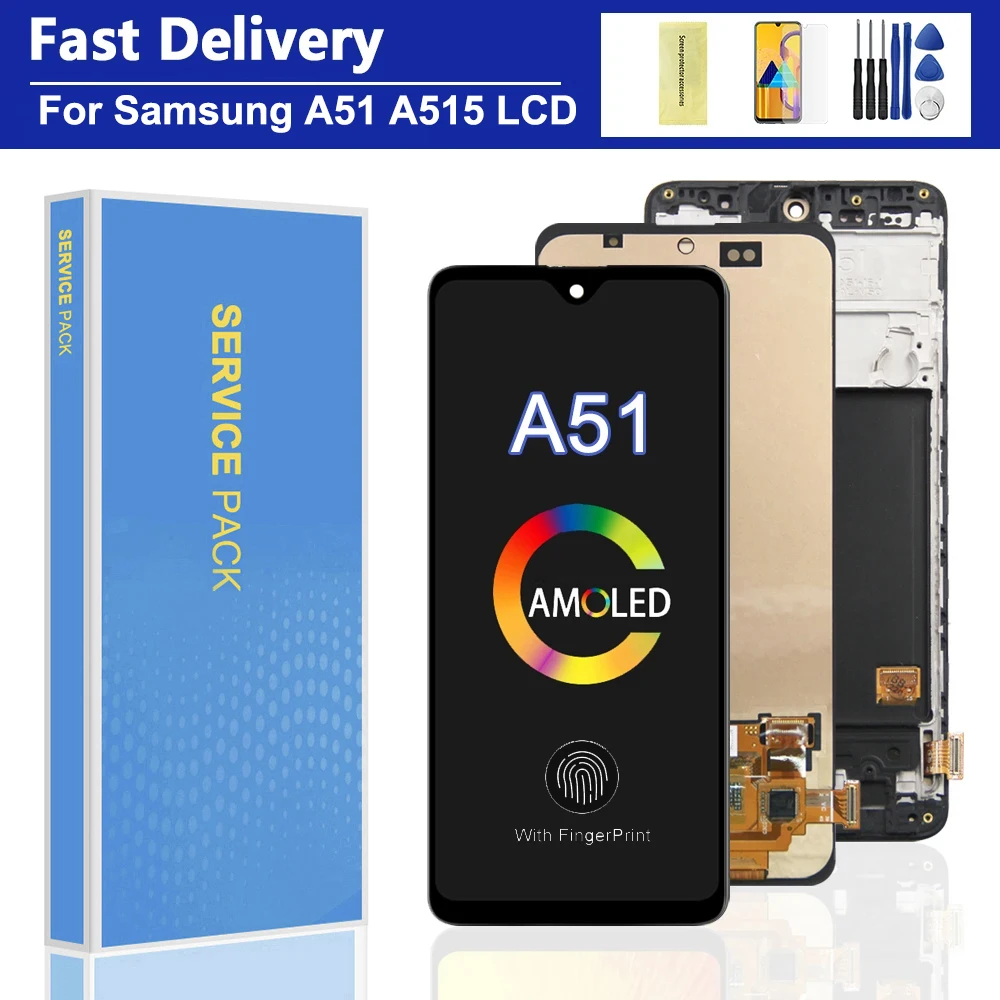 For AMOLED For Samsung A51 LCD Display Touch Screen, For Samsung A51 A515F A515W A515U LCD Display Replace, with Frame