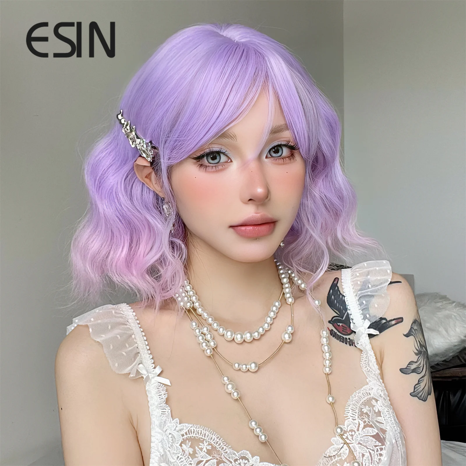 ESIN Synthetic Purple Wavy Bob Wigs Medium Gradient Long Loose Body Wave Wig with Bangs Cosplay Daily Natural Wigs for Women