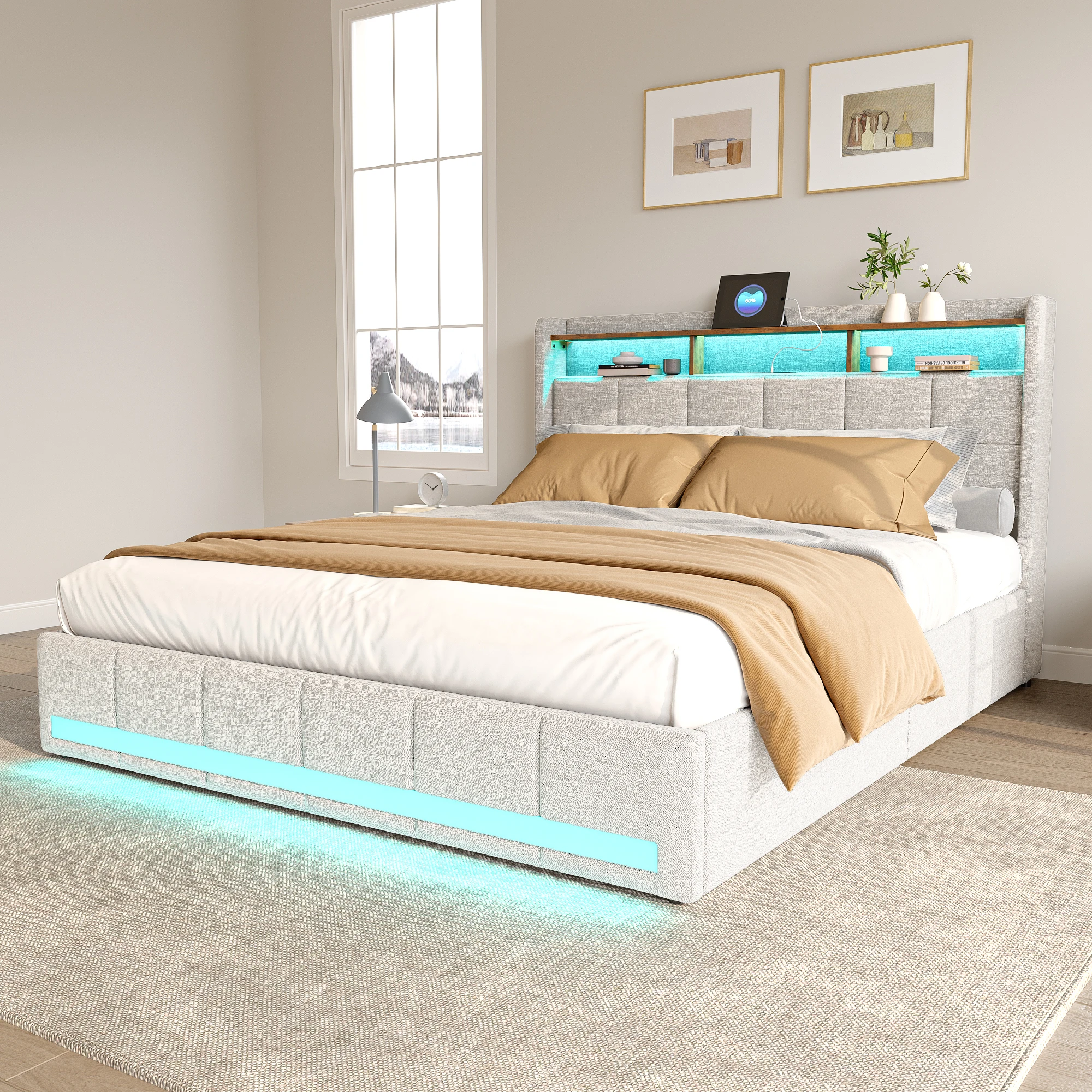 Image of Anajqaqia 140 x 200 cm großes Doppelbett, gepolstertes Erwachsenenbett mit 4 rollenden Aufbewahrungsschubladen, beigefarbener Leinenbettrahmen mit Kopfteil mit Stauraum