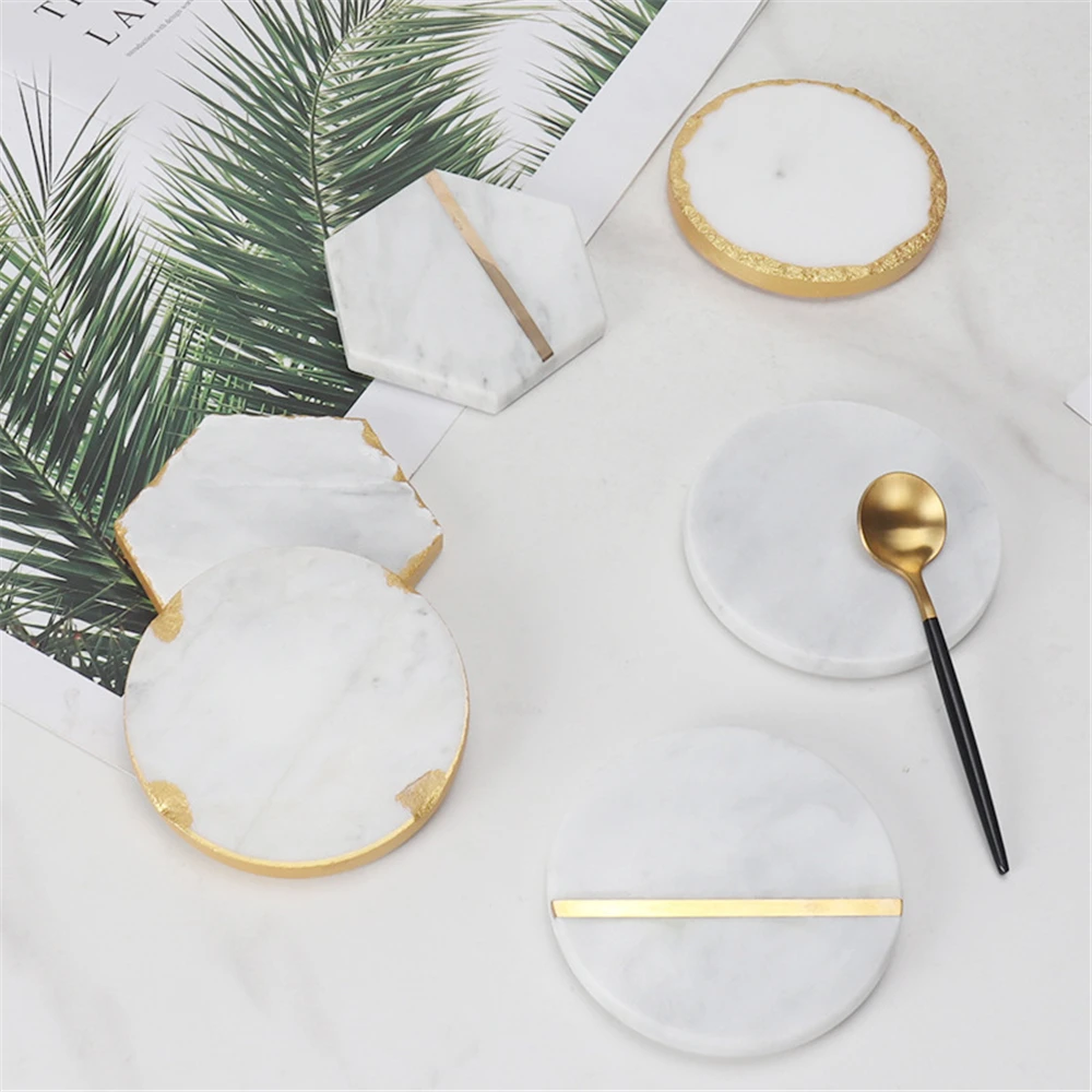 Luxury Marble Ceramic Coaster Gold Plating Geometric Cup Mat Waterproof Heat-Insulated Pads Jewelry Tray Home Desktop Decoration