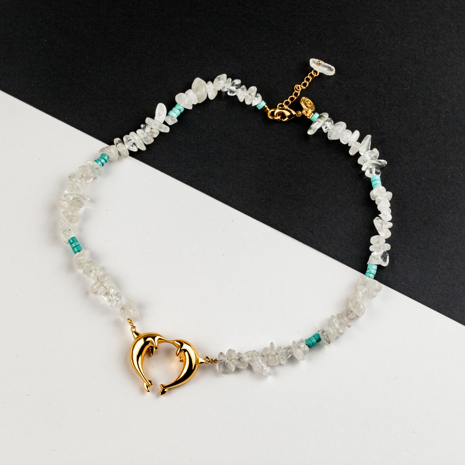 YAJUNIEL Natural Crystal & Turquoise Beaded Necklace for Women 24K Gold Plated Dolphin Pendant Healing Gemstone Jewelry Gift