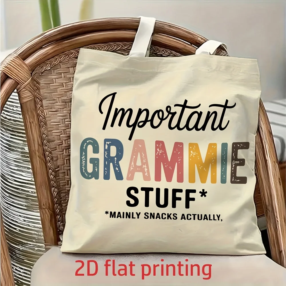 

1 Piece of "Important Grammie Stuff" Fashion Text Pattern Canvas Shoulder Bag, Lightweight Foldable Tote Bag with Fixed Shoulder Strap, Reusable Shopping Bag, Perfect Gift for Commuting, Travel, Shopping, School, and Holidays
