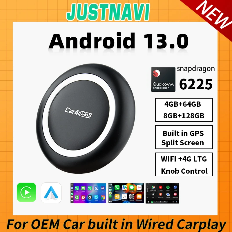 

JUSTNAVI CarPlay Ai Box Android 13 Led Wireless Android Auto For Smart For Tv Box QCM6225 For Youtube Netflix Wired Carplay Car