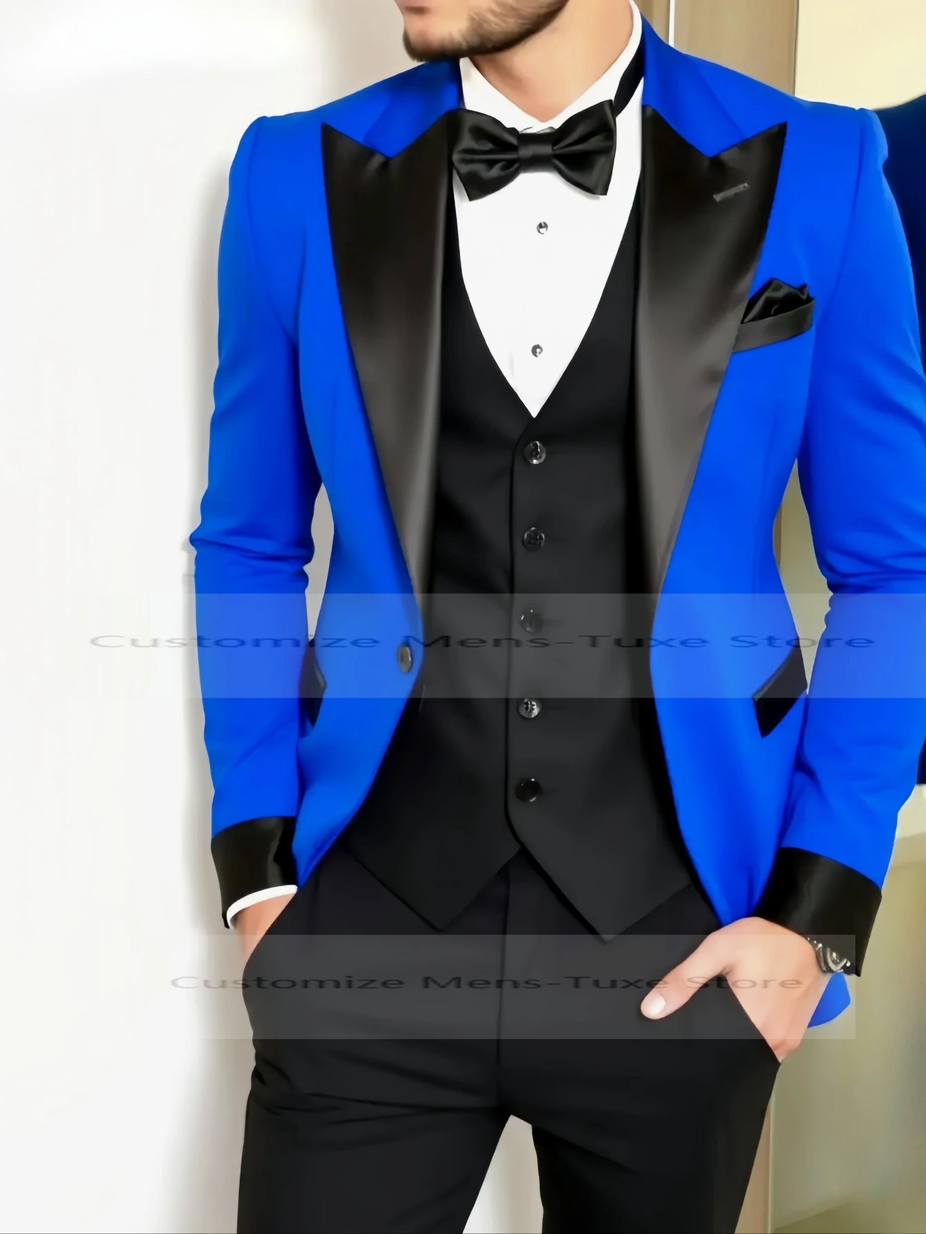 

Синий и черный мужской костюм для торжественных случаев, жениха, жениха, свадьбы, выпускного вечера, мужские смокинги, комплект из трех предметов, пиджак, жилет, брюки