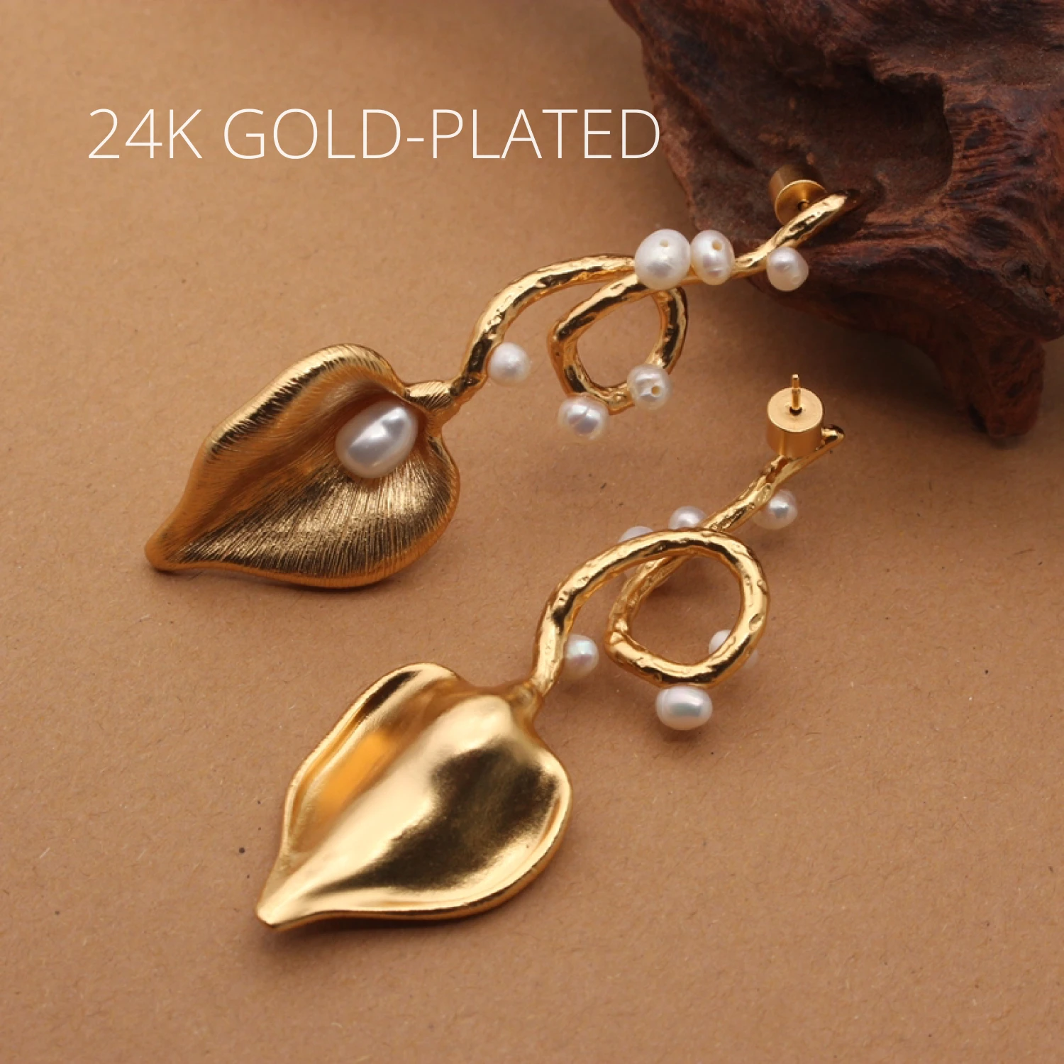 24K Gold-Plated Earrings with Natural Pearls Drop Earrings for Women Lotus Leaf Shape Pearl Earrings Luxury Jewelry Earring Gift