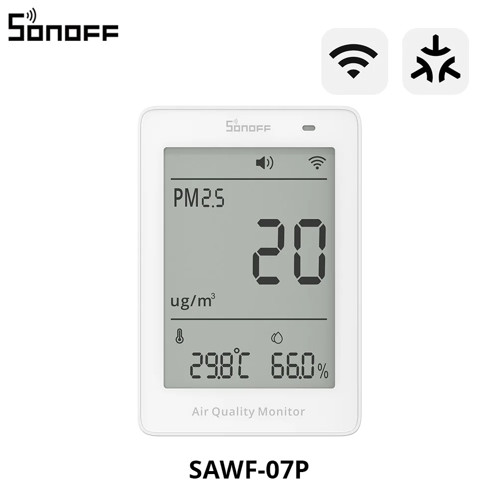 SONOFF SAWF-07P AirGuard PM2.5/PM10 Matter Over Wifi Luchtkwaliteitsmeter 2-seconde updates Geluids- en lichtalarm Temperatuur Vochtigheid