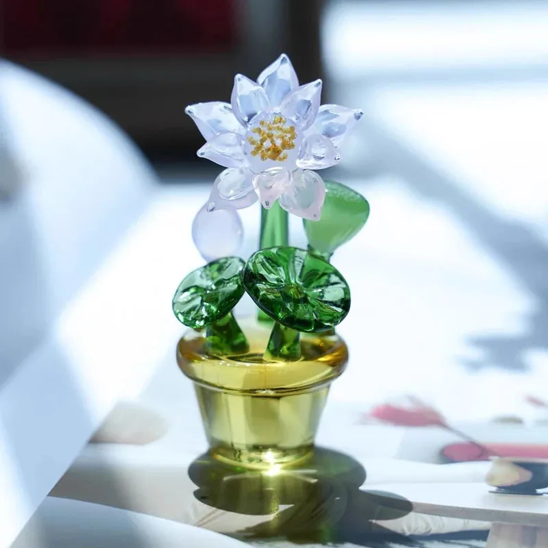 Mini Colored Glaze Glass Crystal Lotus Flower Potted Sculpture Art Handmade Good Luck Plant Home Car Decoration Gift