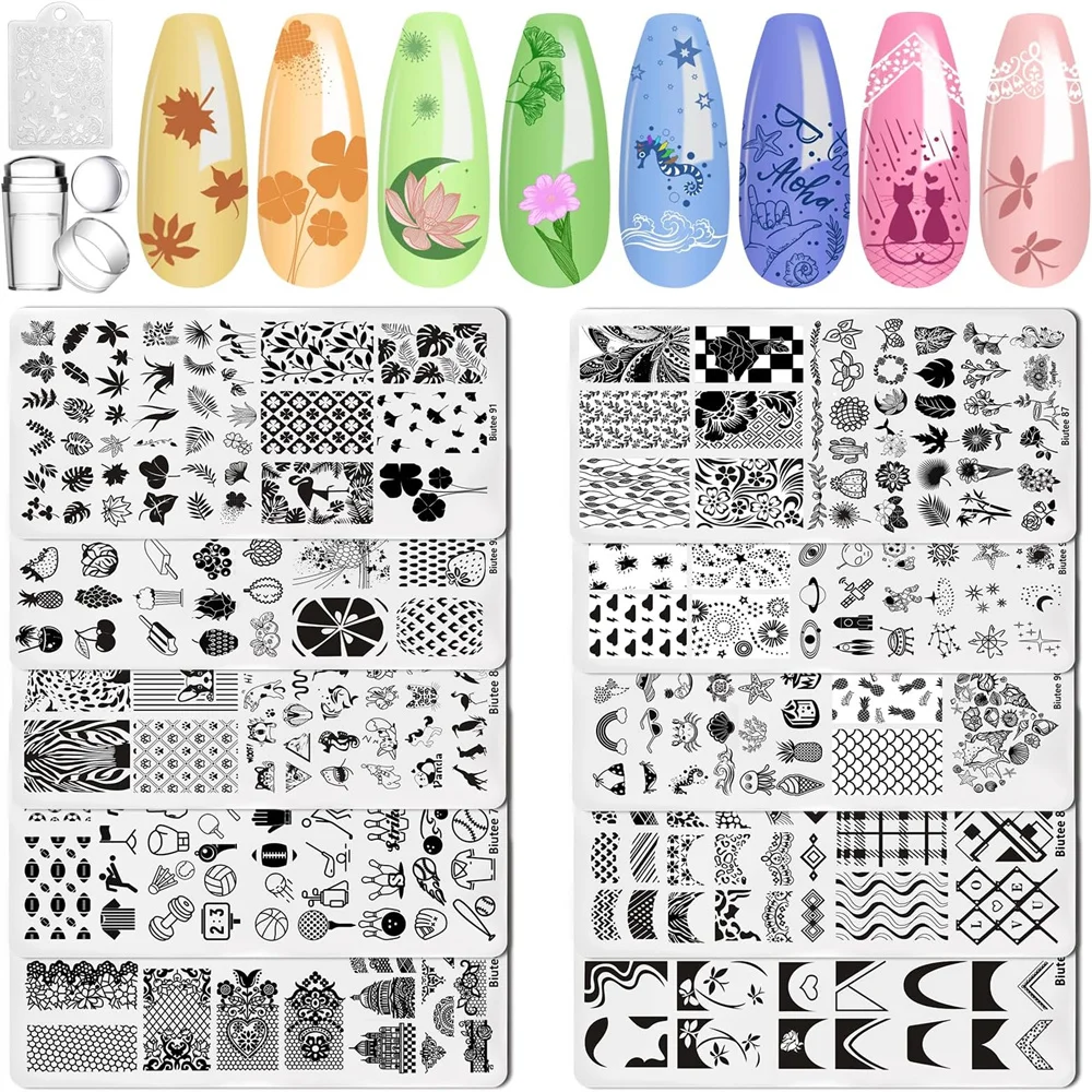 

Набор пластинок для штамповки ногтей Biutee, 10 шт., шаблоны для французских штампов и многоразовые инструменты для ногтей из нержавеющей стали, товары для маникюра