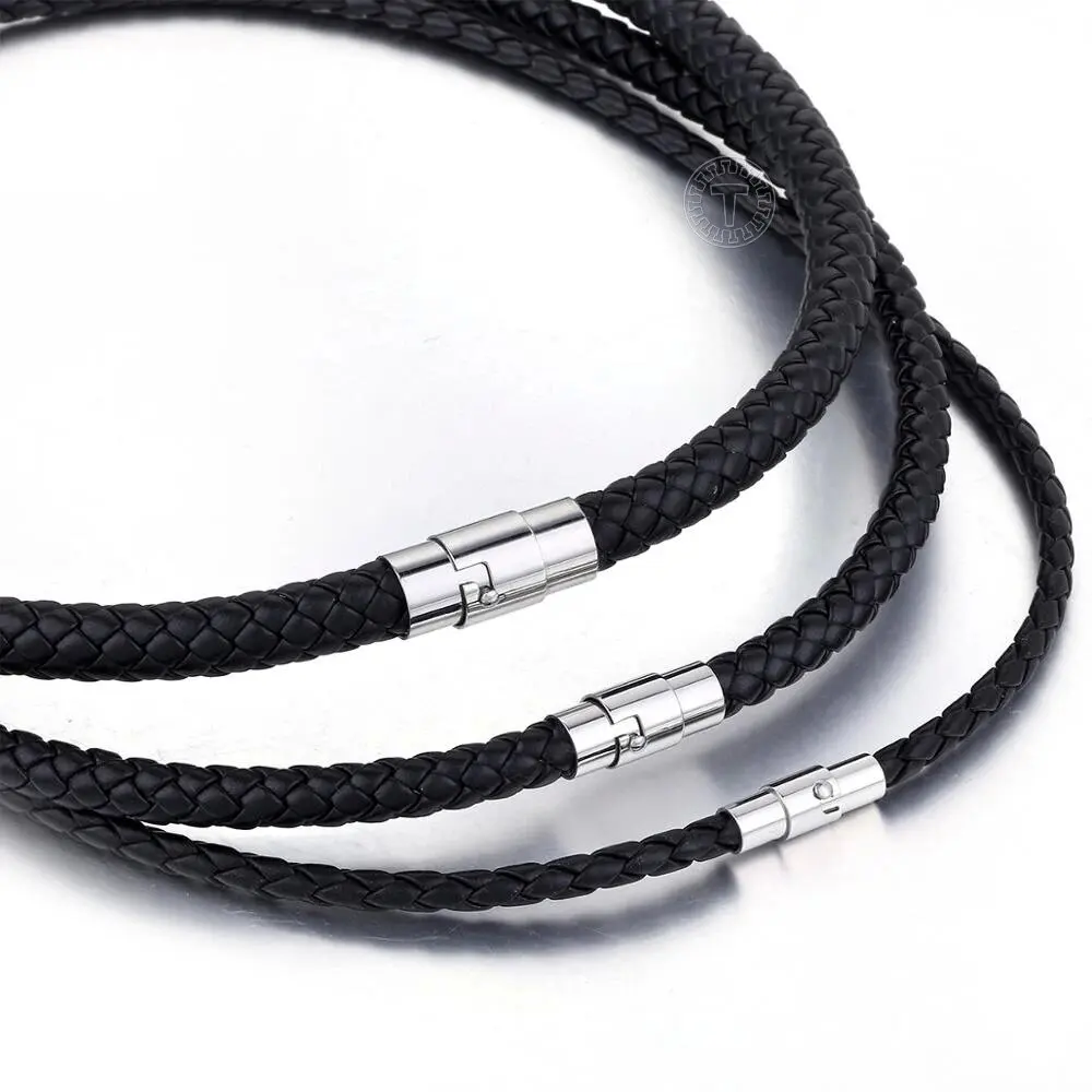 

4/6/8mm Wide Black Color Braided Cord Rope Man-made Leather Necklace w/ Silver Tone Stainless Steel Clasp Jewelry