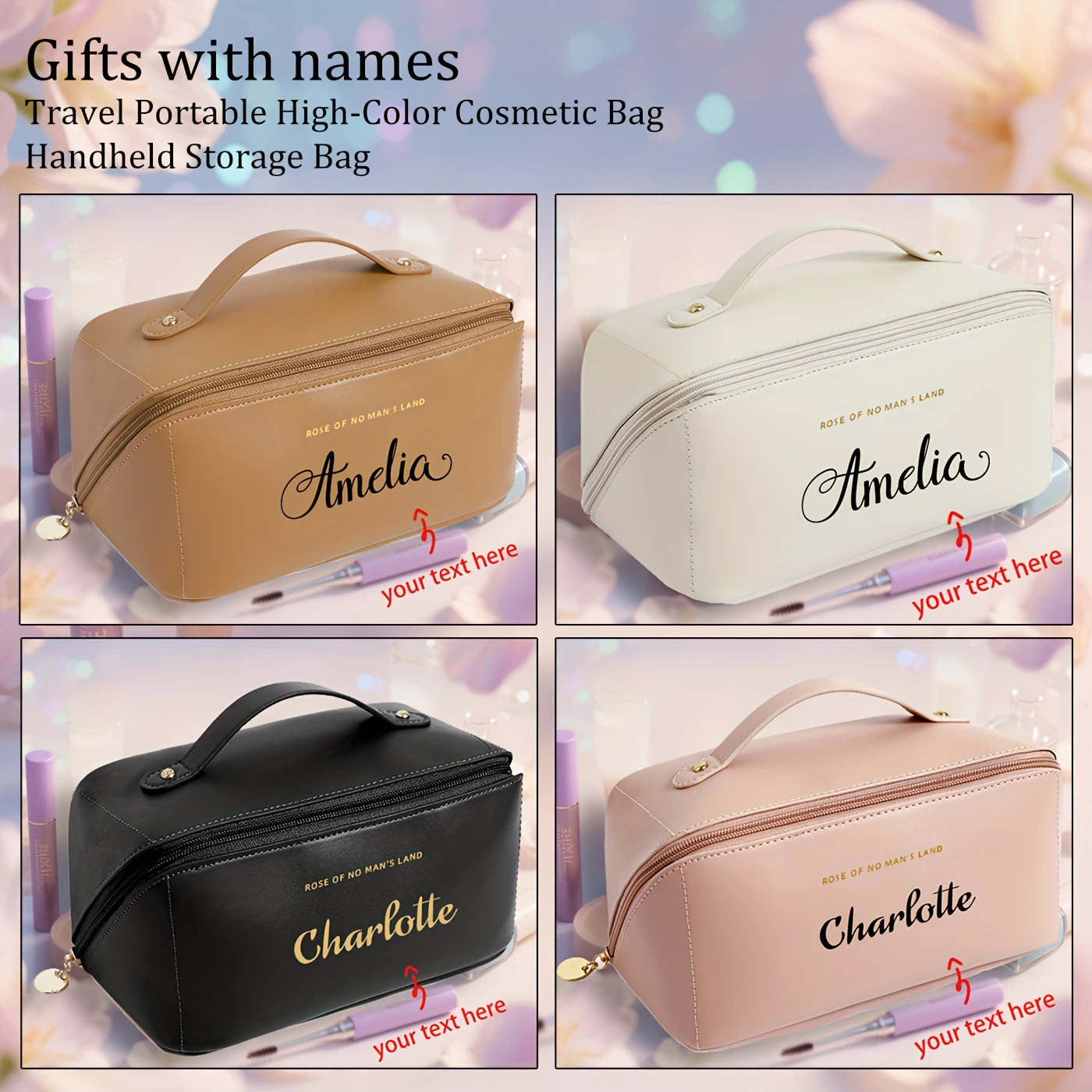 Large Faux Leather Cosmetic Bag, Soft Handle & Compartments, European Style for Travel & Daily Use