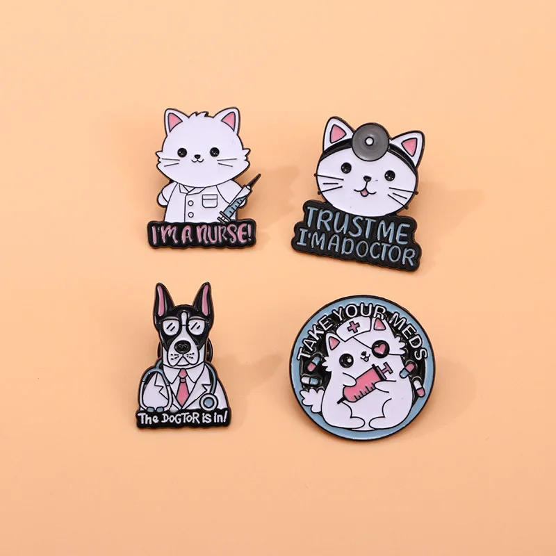 Cute Cartoon Cat Dog Doctor Nurse Enamel Brooch Animal Lapel Pin Backpack Clothing Badge Accessories