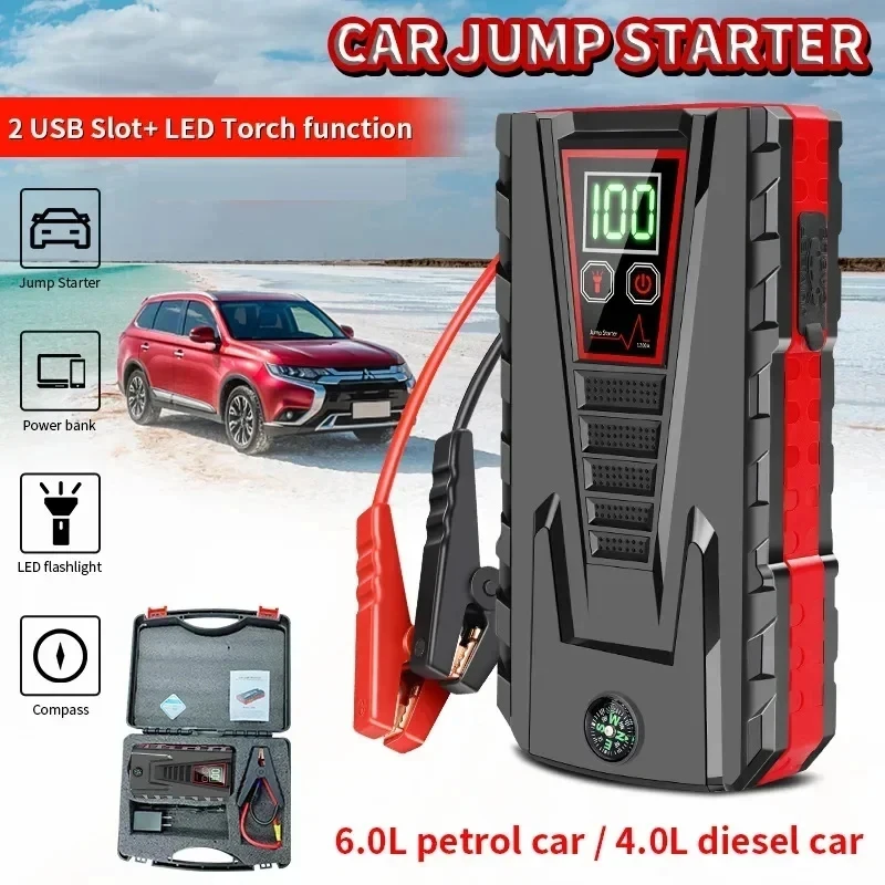 Arrancador de Coches Portátil con Carga Rápida de 5000A, Banco de Energía, Cargador de 12V, Dispositivo de Arranque Automático para Coches de Gasolina y Diésel, Batería de Emergencia