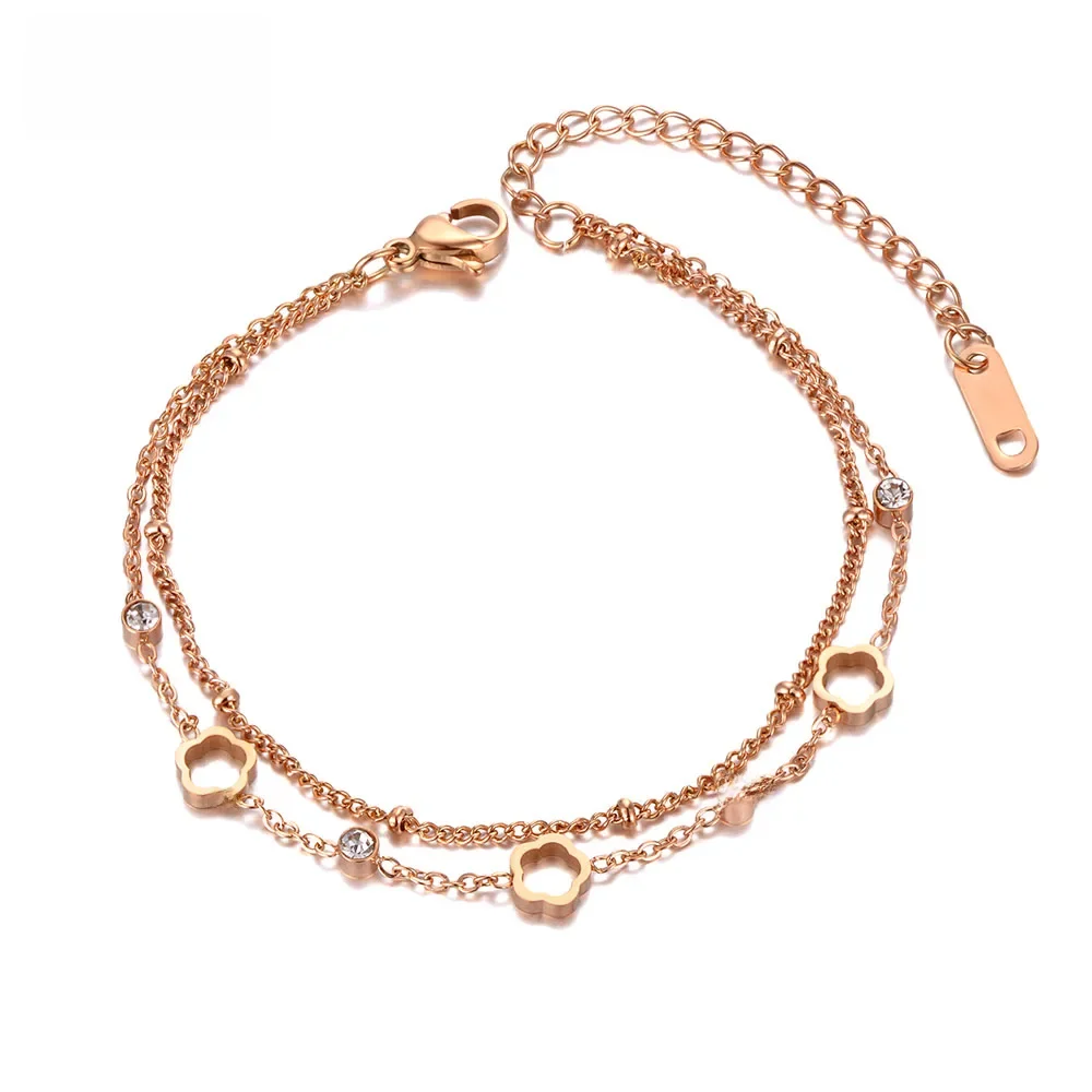 Lokaer Bohemia Dwuwarstwowe bransoletki ze stali nierdzewnej Modna biżuteria CZ Crystal Flower Chain Link dla kobiet Браслет B21025 — zdjęcie 2