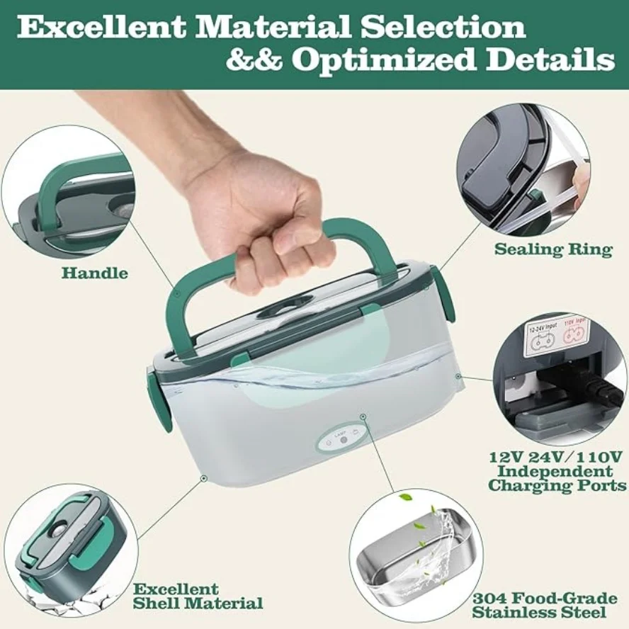 1,5L 65W Elektrische Lunchbox, tragbarer Speisenwärmer für Auto oder Zuhause - Auslaufsicherer 304 Edelstahlbehälter fürs Büro – Detail 5
