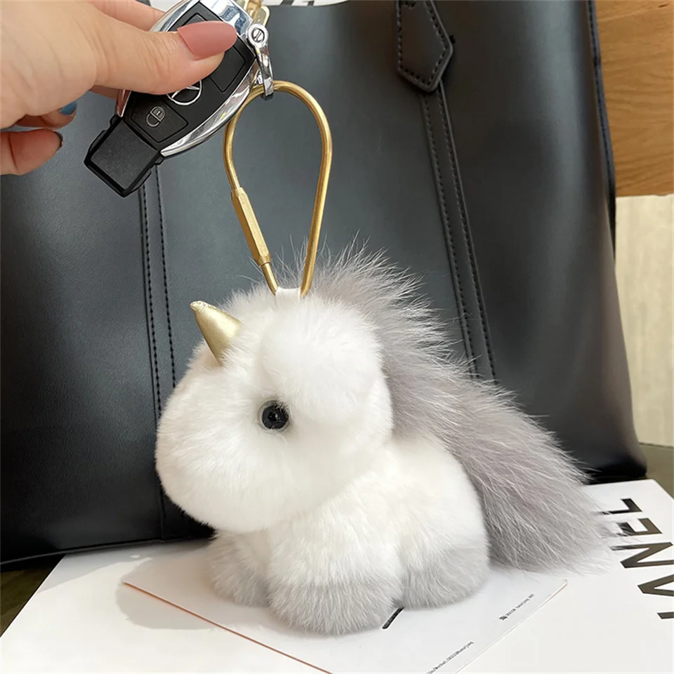 Fluuffy Cute Unicorn Bag Charm Real Rex Rabbit Fur Key Ring Backpack Clips Handbag Key Accessories Bag Charms For Girl Women