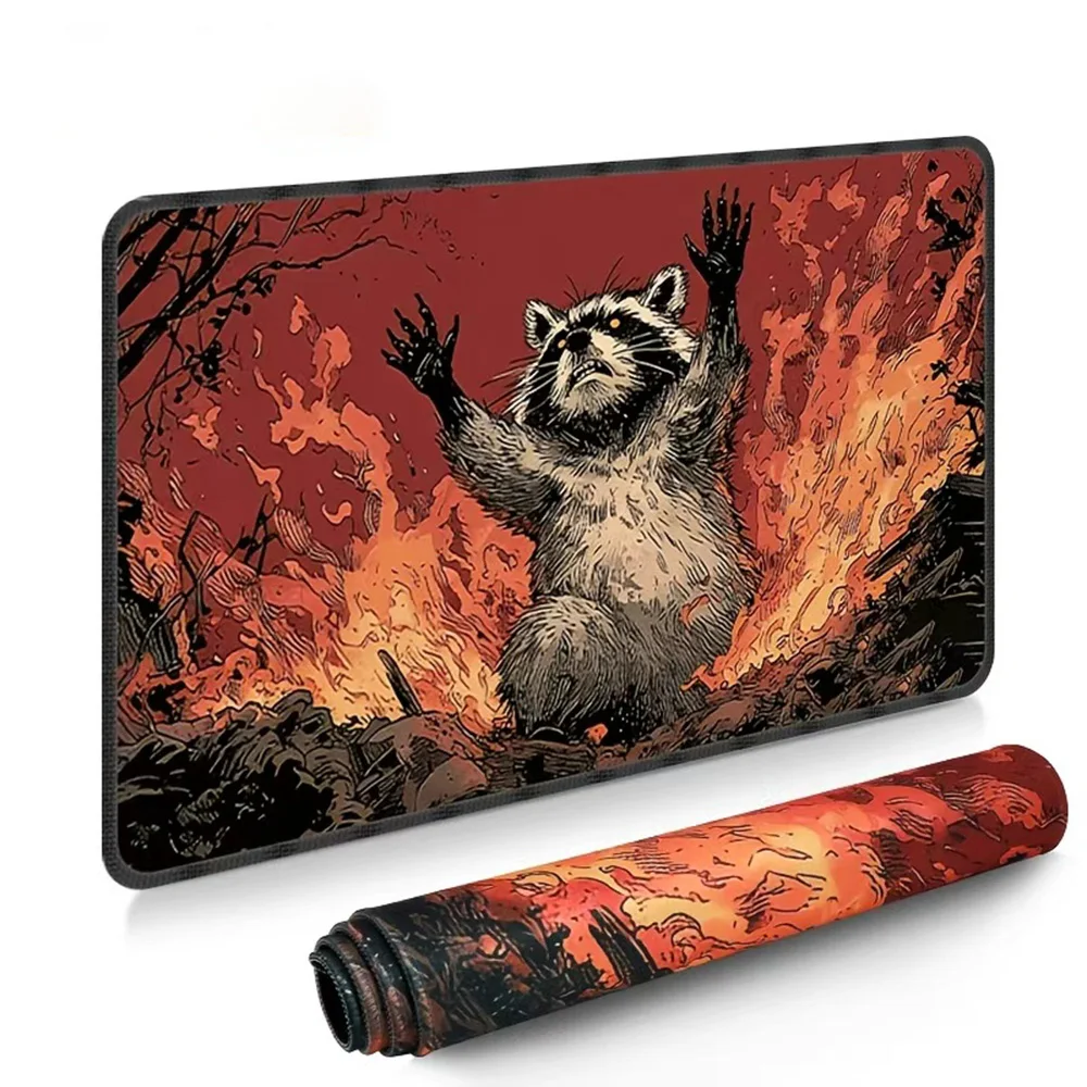 1 unidad de alfombrilla para juegos de cartas MTG con diseño de un mapache en llamas, alfombrilla de escritorio con motivos de arte oscuro para trabajar en la oficina o jugar, alfombrilla antideslizante para el ratón y un excelente regalo.