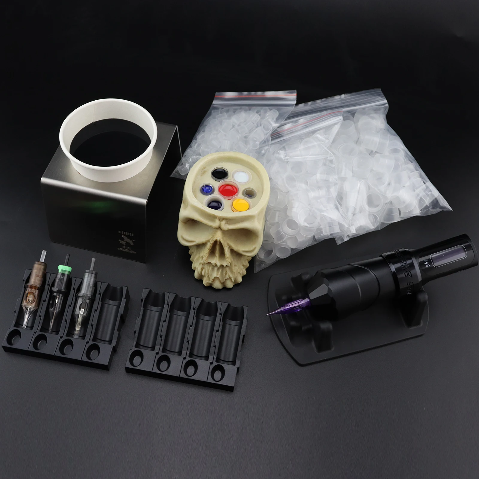 

Complete Tattoo Supply Tray Stand Holder Set with S/M/L Caps -Ink Caps Holder/Water Cup Holer/Pen Stand/Cartridge Needle Holder