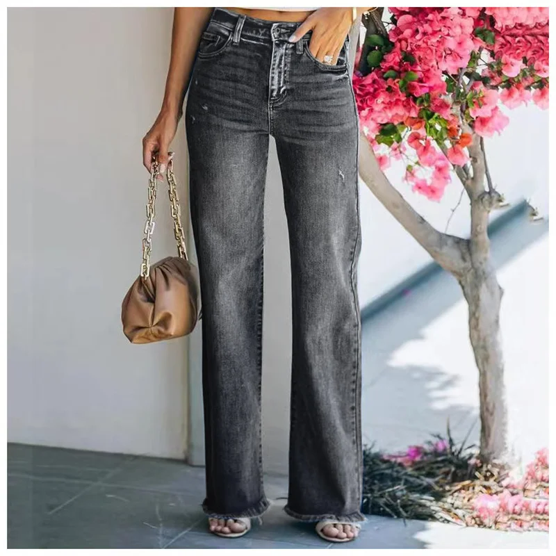 2023 Spring New Women\'s Mid Waist Loose Jeans Fashion Raw Edge Denim Straight Leg Pants Casual Female Trousers S-2XL