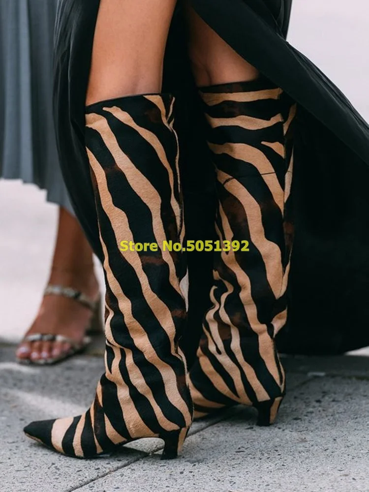 Stivali alti al ginocchio Zebra tacco gattino Slip On stivali autunnali invernali punta quadrata su misura 2024 nuovi arrivi stivali moda