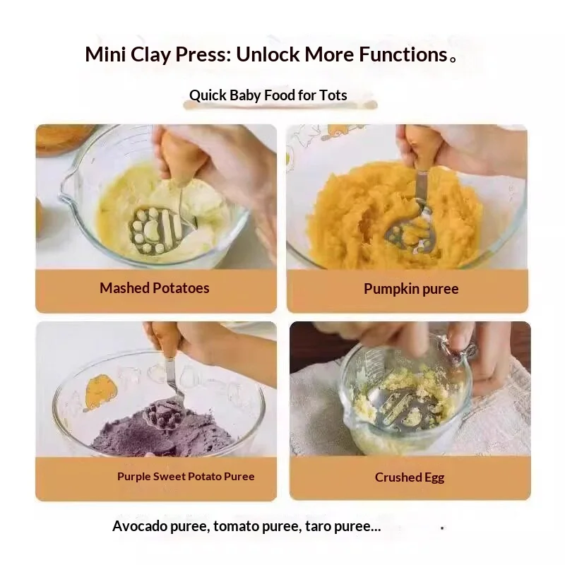 Stainless Steel Potato Masher Manual Vegetable Fruit Mud Crusher Wooden Handle Baby Food Complementary Kitchen Gadget