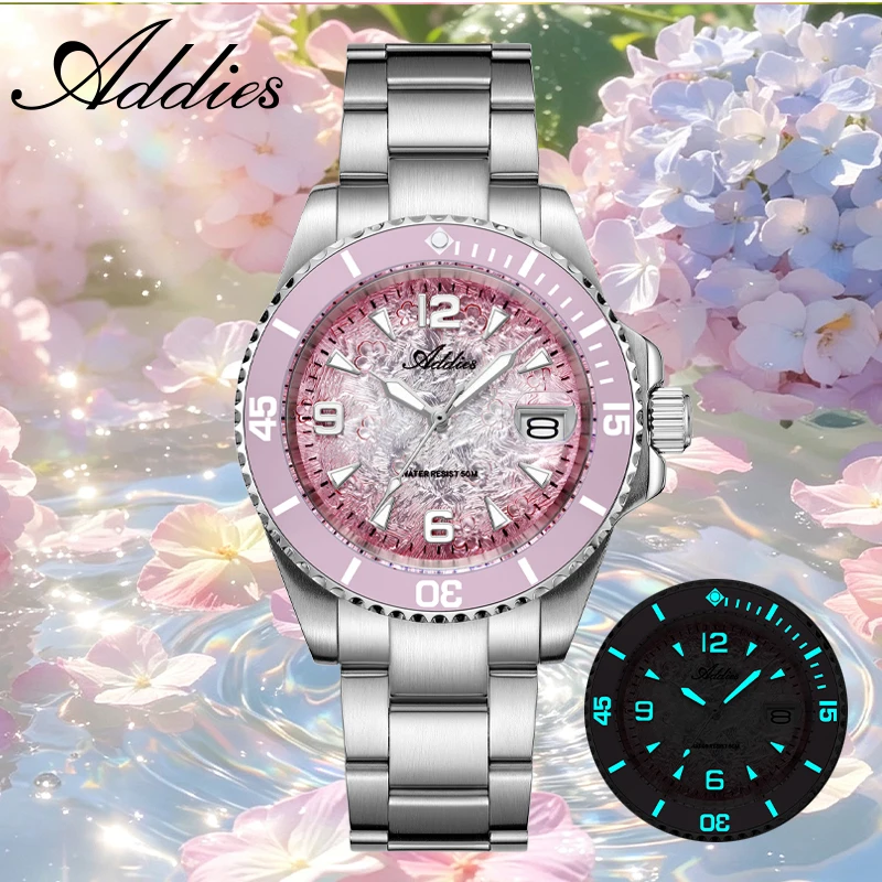 ADDIES Luxury Woman Watches 50m Waterproof BGW9 Luminous 316L Stainless Steel Wristwatch Ceramic Bezel Date Display Women Watch
