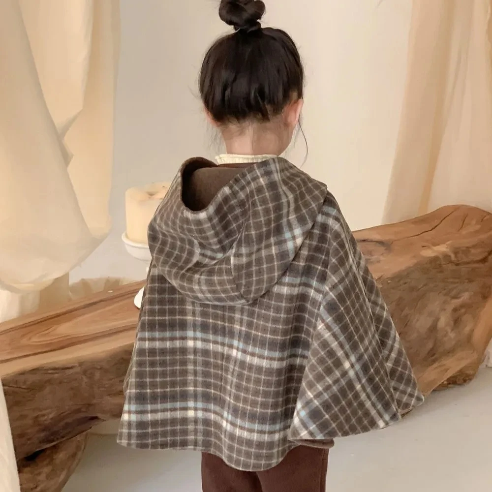 2023 Children's Cloak Winter Korean Girls Wool Plaid Hooded Cape Coat Kids Girl Versatile Double-sided Woolen Outerwear