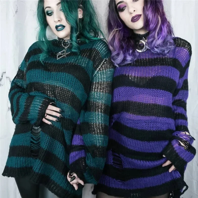 Punk Gothic Long Unisex Sweater Summer Women Striped Cool Hollow Out Hole Broken Jumper Loose Rock Thin Dark Streetwear Top — zdjęcie 2