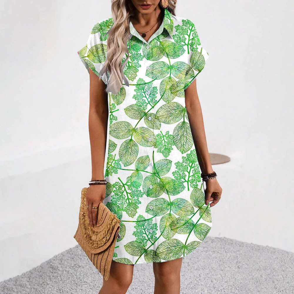 

New Leaf Print Lapel Shirt Dress Fashionable Casual Button Skirt Suitable For Spring And Summer Women's Clothing