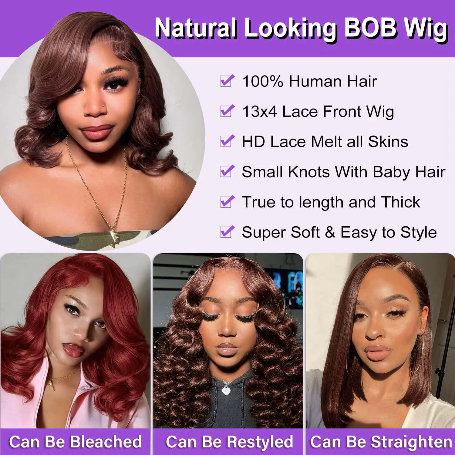 ウミ 13x4 HD ボディウェーブ ボブウィッグ レースフロントウィッグ 密度220% 本物の100%人毛 生え際プレカット済み チョコレートブラウン # 4