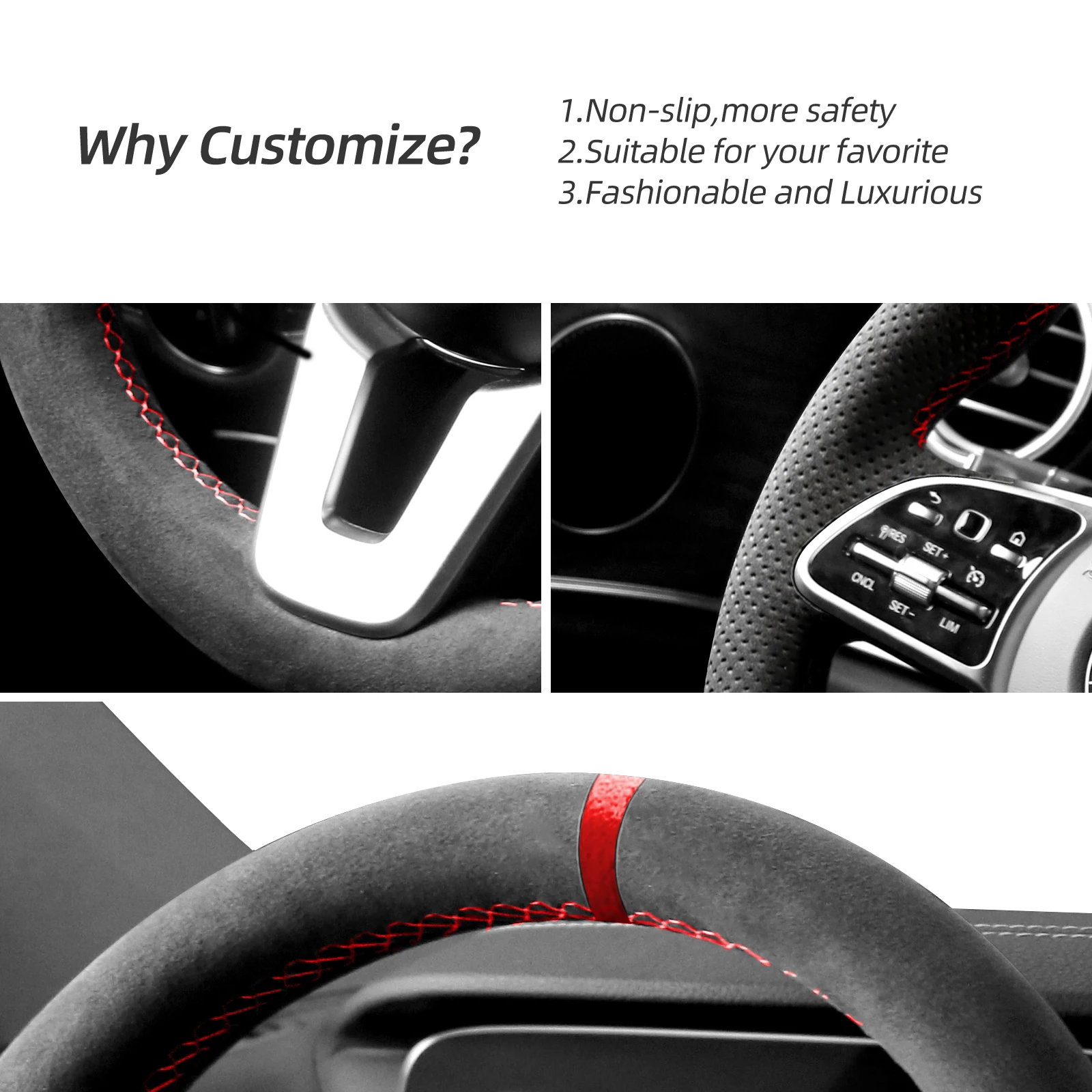 Hand Stitch Steering Wheel Cover for Alcantara Material for Mercedes Benz W177 W205 C118 C257 (Red Stripe) 3