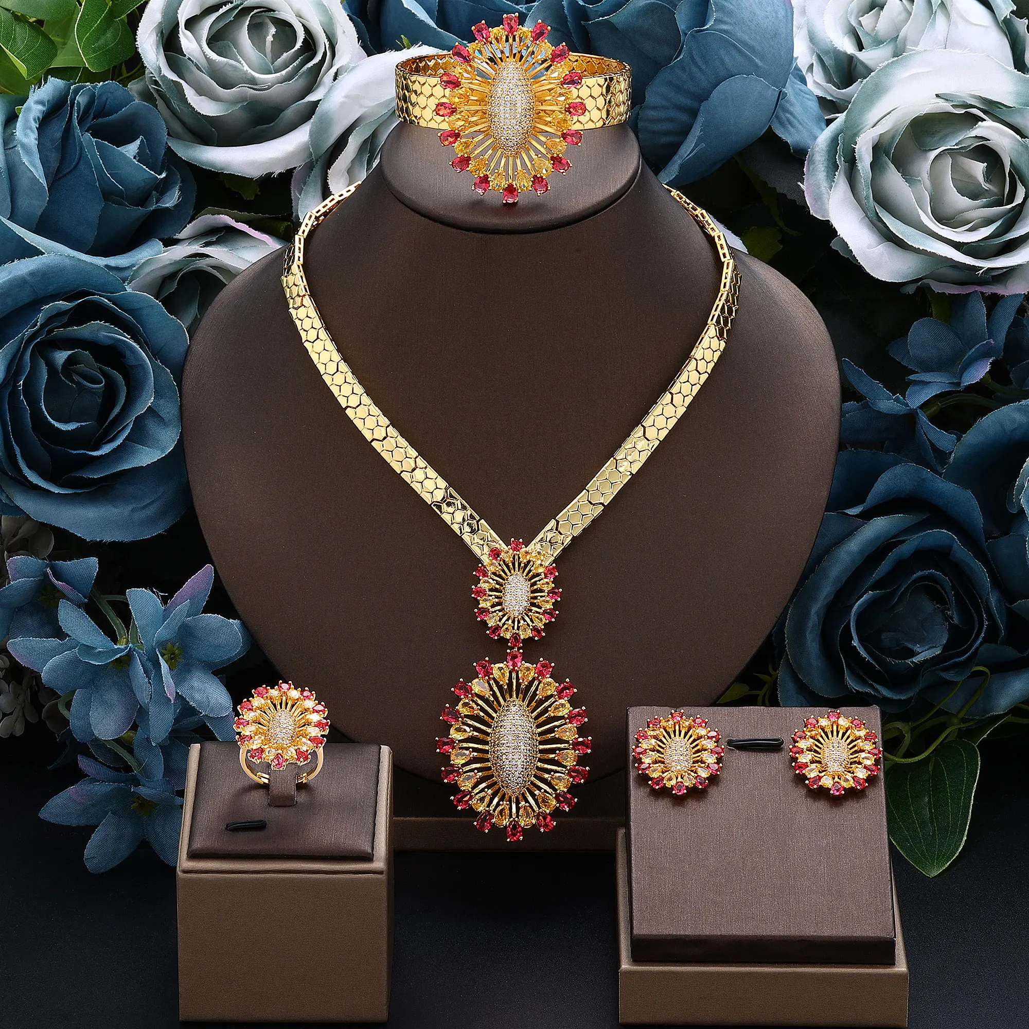 

Gold Plated African Dubai Jewelry Set for Women Luxury Cubic Zirconia Indian Bridal Jewelry Set Wedding Party