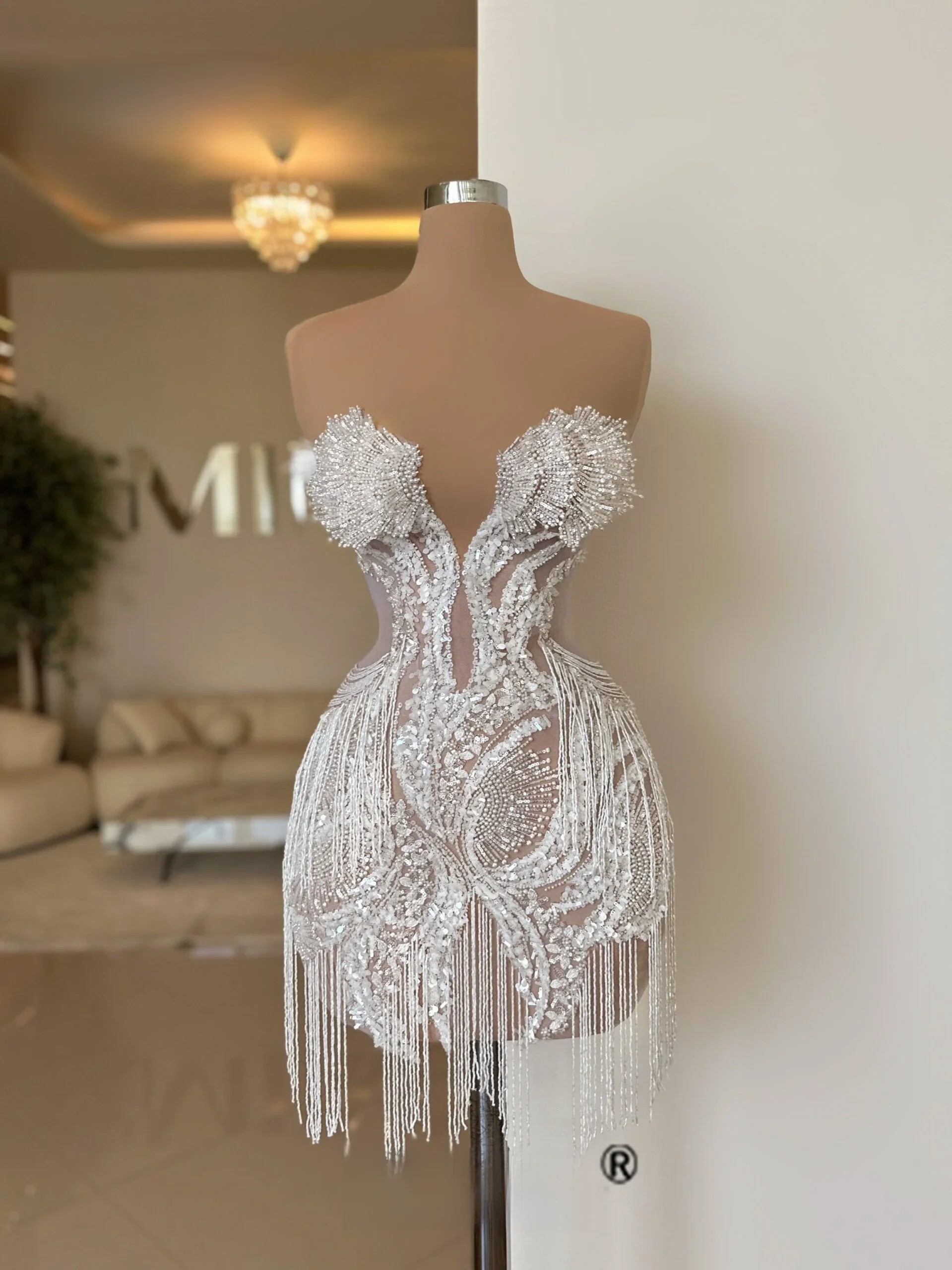 Hand Naaien Kralen Kwast Cocktail Jurk Met 3d Appliques Ivoor Pailletten Parels Korte Prom Jurken Vestidos Para Eventos Especiales - afbeelding 2