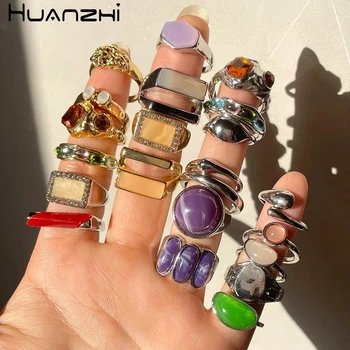 HZ 2021 Nuova Corea 5 pz/set Pietra Colorata Strass Catena di Metallo Geometria Alla Moda Hit Anelli Set per Le Donne Ragazze Gioielli Regali