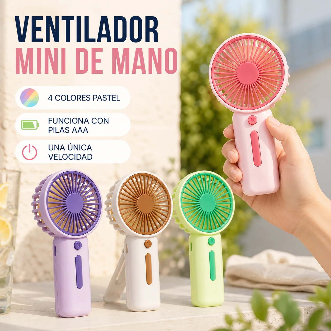 Ventilateur manuel portable avec support, fonctionne avec des piles Aaa, 4 couleurs pastel, piles non incluses