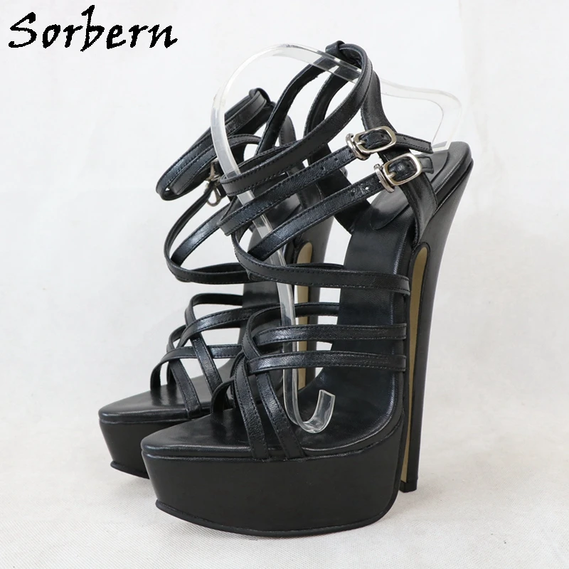 

Sorbern Black Matt Real Leather Women Sandals High Heel Stilettos 20Cm Summer Shoes Slingback Platform Shoes Custom Colors