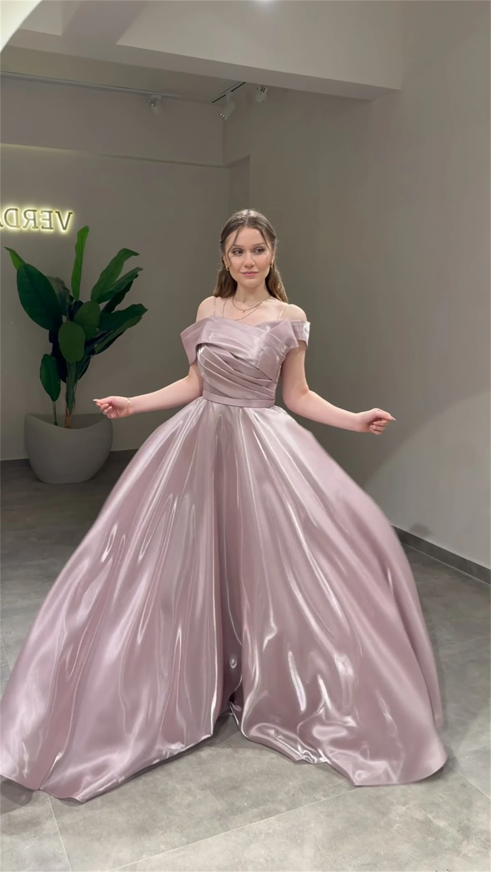 Sansa Customized Pink A-line Multilayer Pleats Organza Prom Dress Off the Shoulder Vestidos De Noche Floor-Length Formal Evening