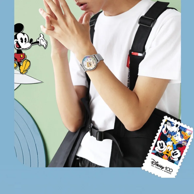 Disney Mickey Mouse Mens Casual Quartz Wristwatch 100th Anniversary Cartoon Stamp Date Display Waterproof Noctilucent Boy Clock