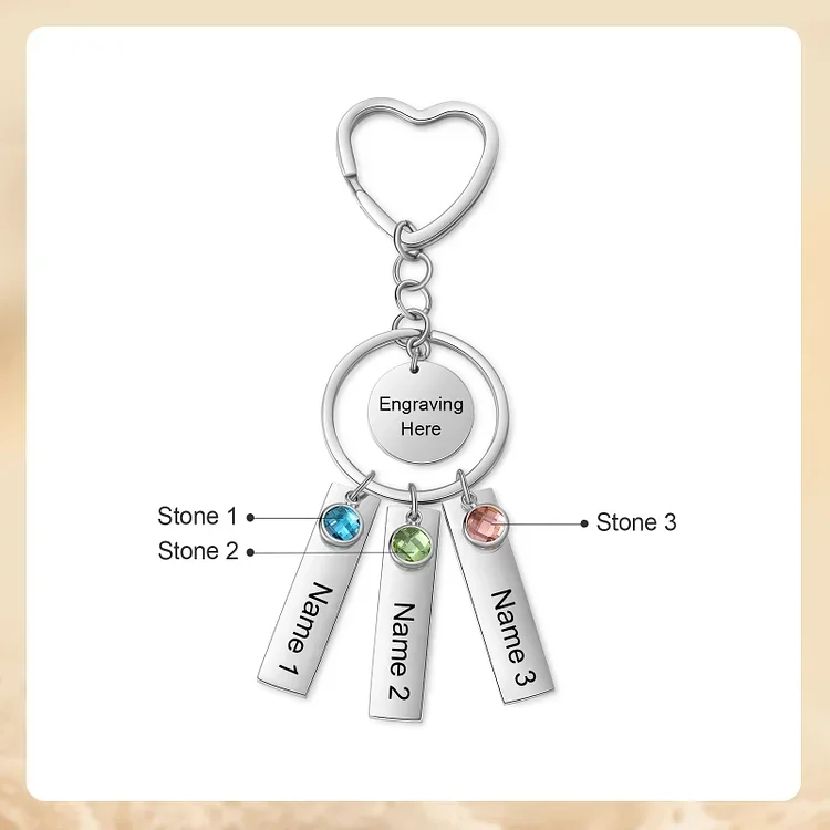 Personalized Multi-Name Birthstone Heart Keychain High Quality Stainless Steel Horizontal Bar Keychain Father's Day Gift For Dad