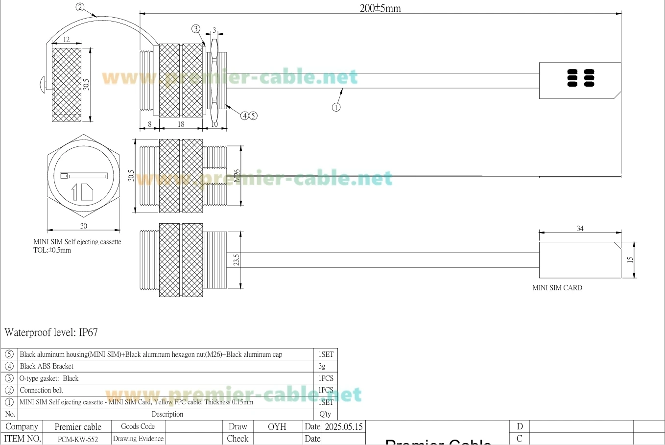 IP67 Wasserdichtes Mini-SIM-Karten-Verlängerungskabel 2FF Panelmontage Stecker auf Buchse Flex-Verlängerung FPC-Kabel Outdoor Mini-SIM-Kartensteckplatz – Detail 1